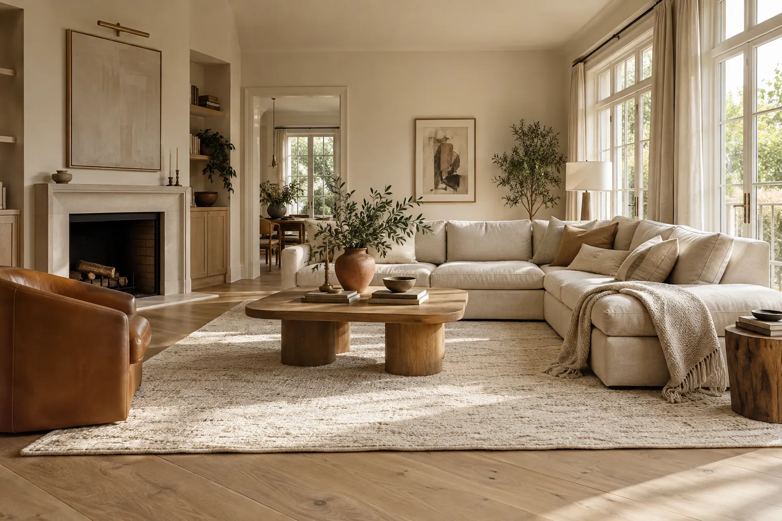 Interior luminos cu o canapea din in, lemn natural și plante — imagine de atmosferă